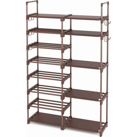 CozyNestFinds Shoe Rack Organizer, 8-Tier Metal Shoe Rack for Closet Entryway Garage, 26-32 Pairs Tall Shoe Boot Storage Shelf with 15 Hooks, Stackable Large Shoe Stand, Brown