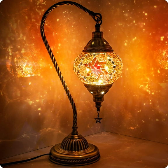 CozyNestFinds Turkish Moroccan Lamp with Bronze Base 3-Way Color Changing Handmade Swan Neck Tiffany Mosaic Glass Bedside Lamps for Bedroom (LED Bulb Included) (Red2)