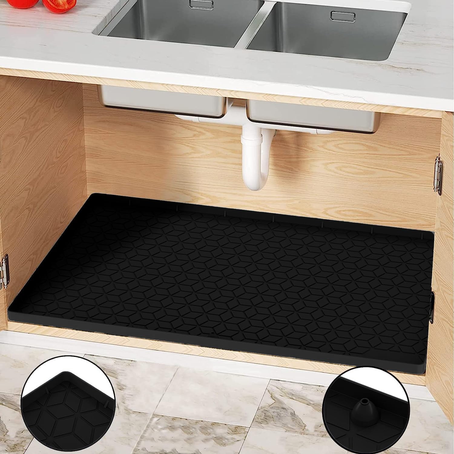 CozyNestFinds Under Sink Mat, 28"x22" Under Sink Mats for Kitchen, Silicone Waterproof Under Sink Liner, Sink Cabinet Organizer Tray with Drain Hole