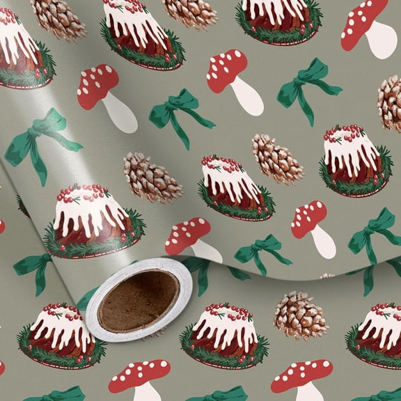 CozyNestFinds Vintage Christmas Wrapping Paper Roll, Green Cake, Mushrooms, Pinecones Festive Design for Christmas, Winter Holidays, Family Gatherings, for Adults, Kids, Mini Roll 17 in x 16.4 Ft