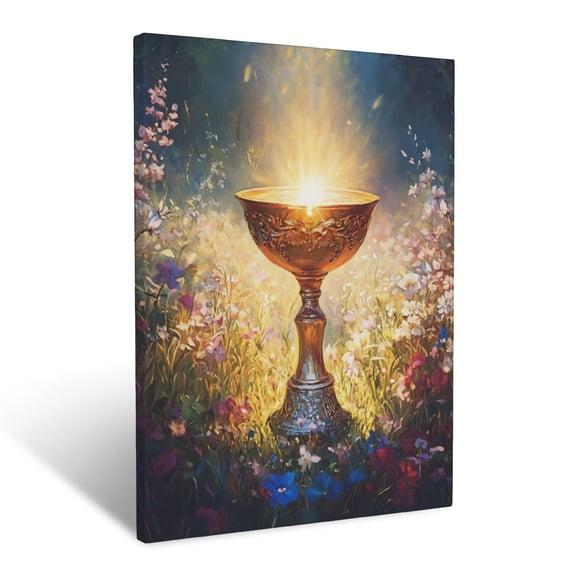 CozyNet A Bright Chalice Glowing Surrounded By Blooming Flowers In Sunlight Wall Art Prints With Frame Canvas Perfect for Living Room & Bedroom, Ready to Hang, Wall Decor 12"x16"