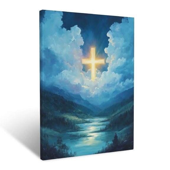 CozyNet A Bright Cross Glowing In A Serene Valley Surrounded By Soft Clouds Wall Art Prints With Frame Canvas Perfect for Living Room & Bedroom, Ready to Hang, Wall Decor 12"x16"