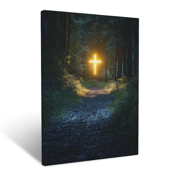 CozyNet A Bright Cross Glowing In The Distance Along A Peaceful Forest Pathway Wall Art Prints With Frame Canvas Perfect for Living Room & Bedroom, Ready to Hang, Wall Decor 16"x20"