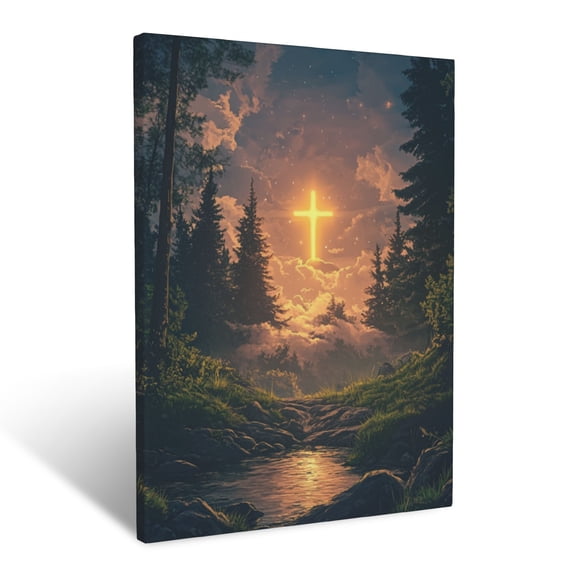 CozyNet A Bright Cross Glowing In The Distance Beyond A Peaceful Forest Wall Art Prints With Frame Canvas Perfect for Living Room & Bedroom, Ready to Hang, Wall Decor 12"x16"