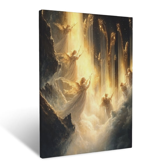 CozyNet A Depiction Of Glowing Angels Singing With Golden Harps In The Heavens Wall Art Prints With Frame Canvas Perfect for Living Room & Bedroom, Ready to Hang, Wall Decor 12"x16"