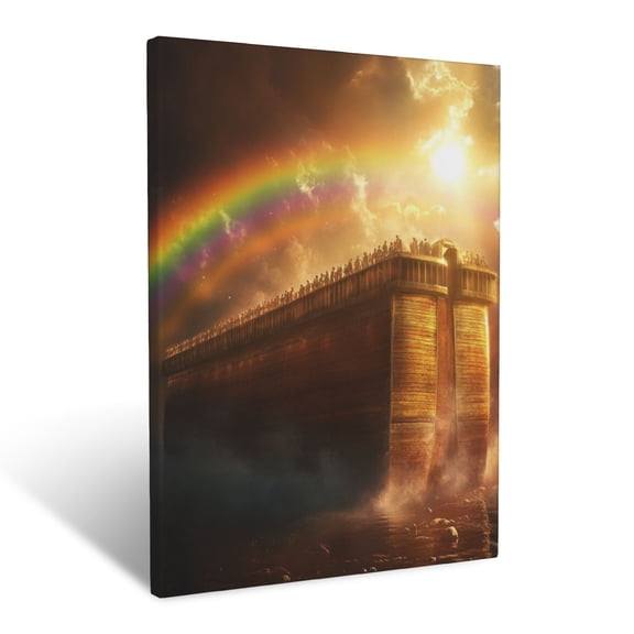 CozyNet A Depiction Of The Ark Glowing Under A Vivid Rainbow And Sunlight Wall Art Prints With Frame Canvas Perfect for Living Room & Bedroom, Ready to Hang, Wall Decor 12"x16"