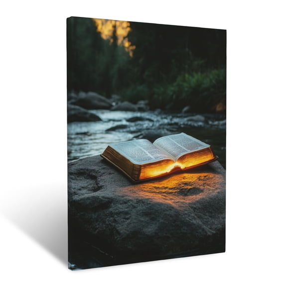 CozyNet A Glowing Bible Resting On A Rock Beside A Peaceful Mountain Stream Wall Art Prints With Frame Canvas Perfect for Living Room & Bedroom, Ready to Hang, Wall Decor 12"x16"