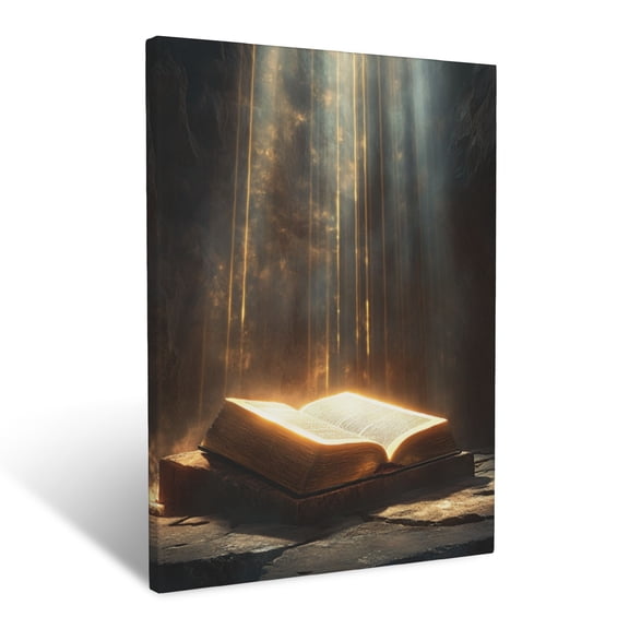 CozyNet A Glowing Bible Resting On A Stone Altar Surrounded By Radiant Beams Of Light Wall Art Prints With Frame Canvas Perfect for Living Room & Bedroom, Ready to Hang, Wall Decor 12"x16"