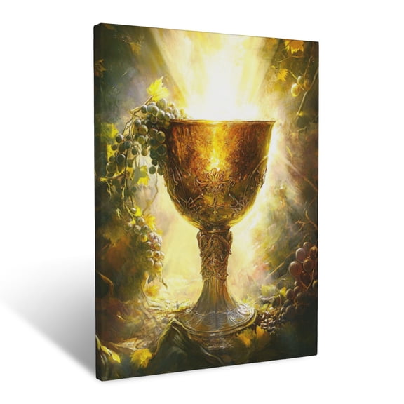 CozyNet A Glowing Chalice With Grapevines Wrapped Around Under Divine Rays Wall Art Prints With Frame Canvas Perfect for Living Room & Bedroom, Ready to Hang, Wall Decor 12"x16"