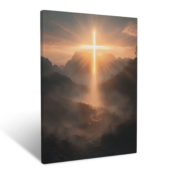 CozyNet A Glowing Cross Emerging From A Misty Valley Under Soft Sunlight Wall Art Prints With Frame Canvas Perfect for Living Room & Bedroom, Ready to Hang, Wall Decor 12"x16"