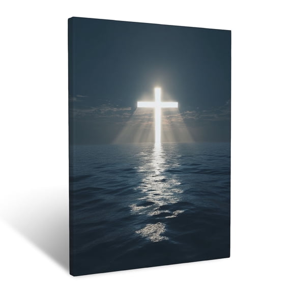 CozyNet A Glowing Cross Emerging From A Tranquil Ocean, Bathed In Divine Light Under A Clear Sky Wall Art Prints With Frame Canvas Perfect for Living Room & Bedroom, Ready to Hang, Wall Decor 12"x16"