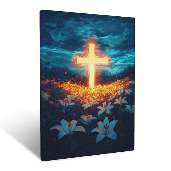 CozyNet A Glowing Cross In A Field Of Lilies Symbol Of Purity & Faith Wall Art Prints With Frame Canvas Perfect for Living Room & Bedroom, Ready to Hang, Wall Decor 12"x16"