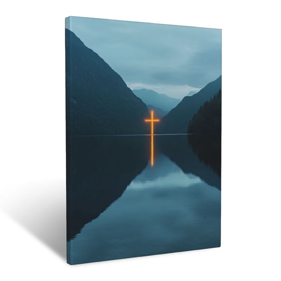CozyNet A Glowing Cross Reflected In Calm Lake Waters Surrounded By Mountains Wall Art Prints With Frame Canvas Perfect for Living Room & Bedroom, Ready to Hang, Wall Decor 16"x20"