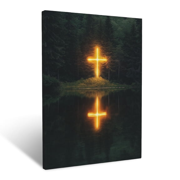 CozyNet A Glowing Cross Reflected On A Calm Lake Surrounded By Trees Wall Art Prints With Frame Canvas Perfect for Living Room & Bedroom, Ready to Hang, Wall Decor 12"x16"