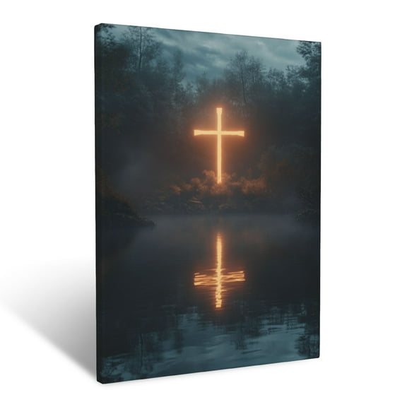 CozyNet A Glowing Cross Reflected On Calm Waters Surrounded By Peaceful Nature Wall Art Prints With Frame Canvas Perfect for Living Room & Bedroom, Ready to Hang, Wall Decor 12"x16"
