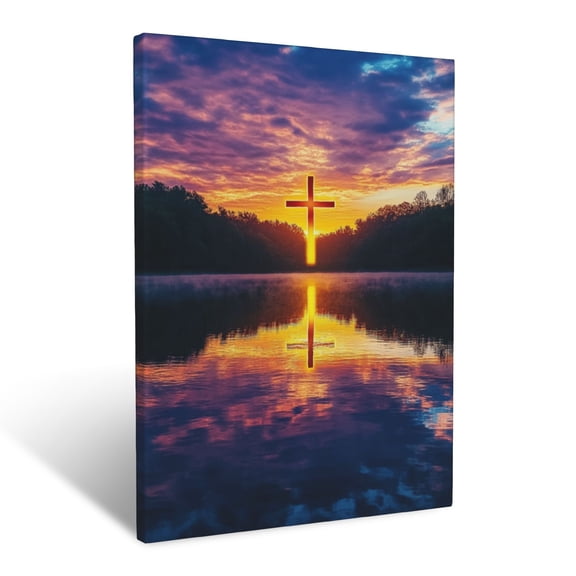 CozyNet A Glowing Cross Reflected On A Serene Lake During A Peaceful Sunset Wall Art Prints With Frame Canvas Perfect for Living Room & Bedroom, Ready to Hang, Wall Decor 16"x20"