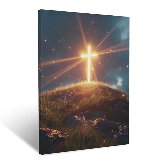 CozyNet A Glowing Cross Shining On A Grassy Hill Surrounded By Radiant Beams Wall Art Prints With Frame Canvas Perfect for Living Room & Bedroom, Ready to Hang, Wall Decor 12"x16"
