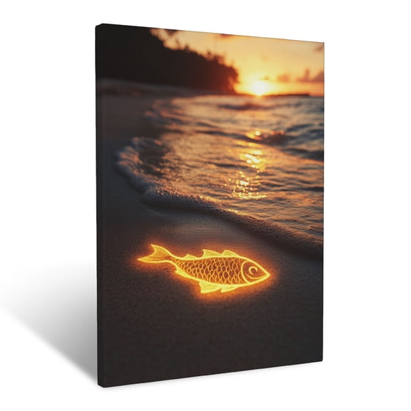 CozyNet A Glowing Fish Symbol Etched In The Sand, Illuminated Softly Under A Serene Sunset Wall Art Prints With Frame Canvas Perfect for Living Room & Bedroom, Ready to Hang, Wall Decor 16"x20"