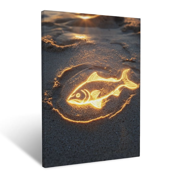 CozyNet A Glowing Fish Symbol Etched Into The Sand, Illuminated Softly By The Light Of A Golden Sunset Wall Art Prints With Frame Canvas Perfect for Living Room & Bedroom, Wall Decor 16"x20"