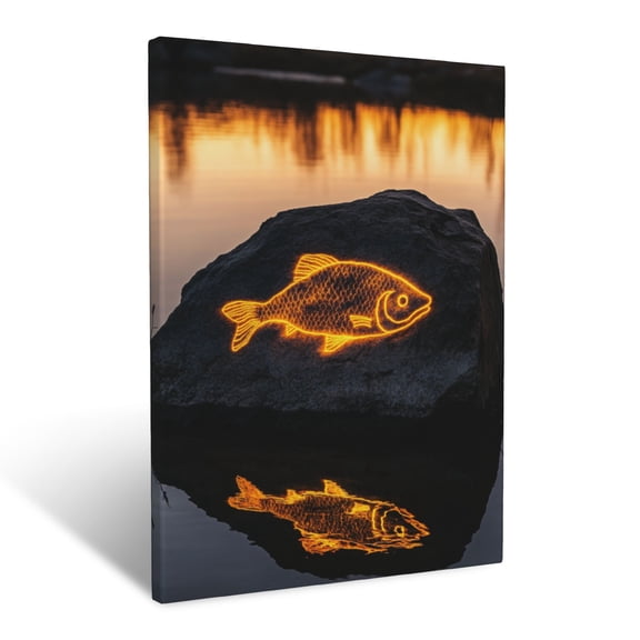 CozyNet A Glowing Fish Symbol Etched On A Rock By A Peaceful Lakeside At Sunrise Wall Art Prints With Frame Canvas Perfect for Living Room & Bedroom, Ready to Hang, Wall Decor 16"x20"