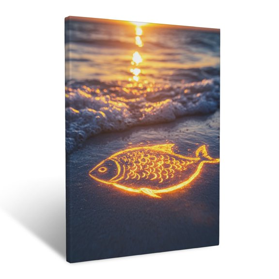 CozyNet A Glowing Fish Symbol On A Sandy Shore With Calm Waves At Sunset Wall Art Prints With Frame Canvas Perfect for Living Room & Bedroom, Ready to Hang, Wall Decor 12"x16"