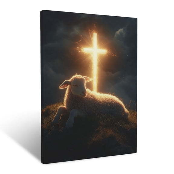 CozyNet A Glowing Lamb Resting Beside A Radiant Cross On A Grassy Hill Wall Art Prints With Frame Canvas Perfect for Living Room & Bedroom, Ready to Hang, Wall Decor 12"x16"