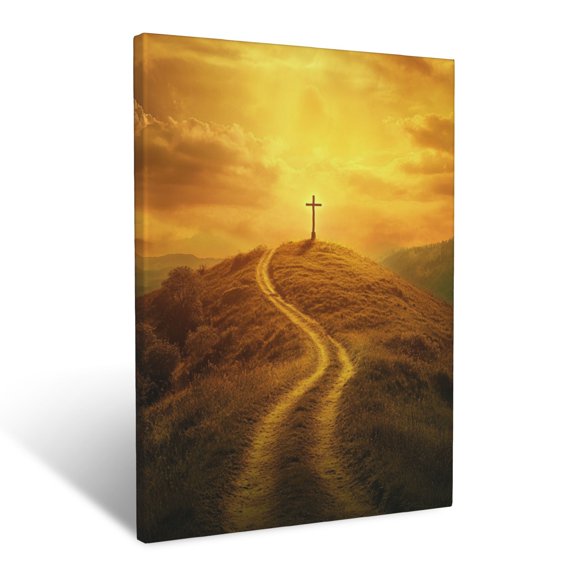 CozyNet A Glowing Path Leading To A Cross At The Top Of A Hill Under A Golden Sky Wall Art Prints With Frame Canvas Perfect for Living Room & Bedroom, Ready to Hang, Wall Decor 12"x16"