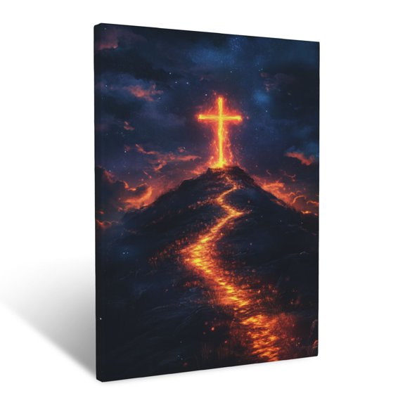 CozyNet A Glowing Path Leading To A Radiant Cross On A Distant Hilltop Wall Art Prints With Frame Canvas Perfect for Living Room & Bedroom, Ready to Hang, Wall Decor 12"x16"