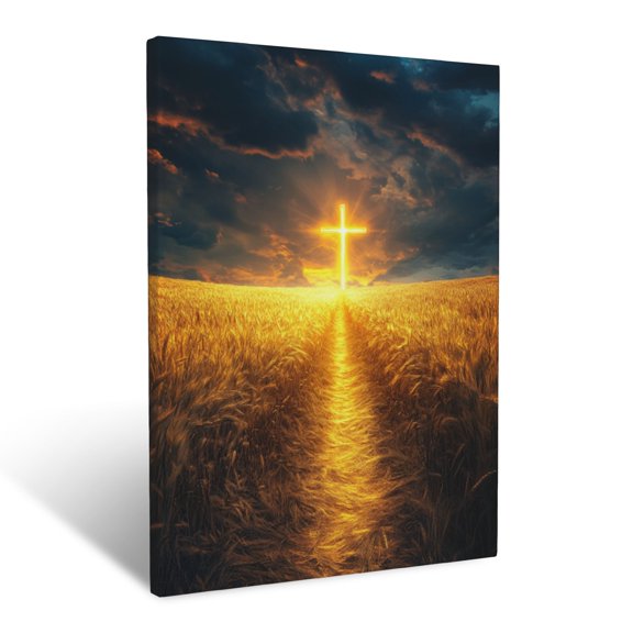 CozyNet A Glowing Path Leading To A Radiant Cross Surrounded By Golden Fields Wall Art Prints With Frame Canvas Perfect for Living Room & Bedroom, Ready to Hang, Wall Decor 12"x16"