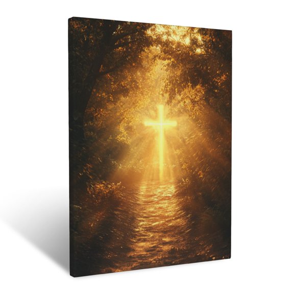 CozyNet A Glowing Path Leading To A Radiant Cross, Surrounded By Trees And Golden Light From Above Wall Art Prints With Frame Canvas Perfect for Living Room & Bedroom, Wall Decor 12"x16"