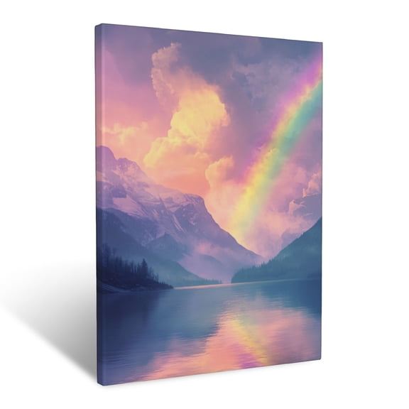 CozyNet A Glowing Rainbow Stretching Across The Sky Above A Serene, Peaceful Lake Wall Art Prints With Frame Canvas Perfect for Living Room & Bedroom, Ready to Hang, Wall Decor 12"x16"