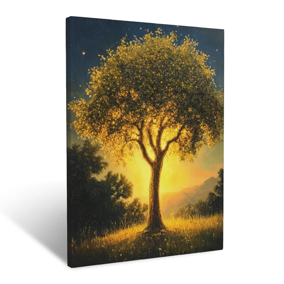 CozyNet A Glowing Tree Of Life Standing Tall In A Serene Meadow Under The Sunrise Wall Art Prints With Frame Canvas Perfect for Living Room & Bedroom, Ready to Hang, Wall Decor 12"x16"