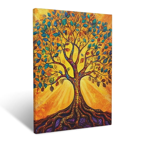 CozyNet A Glowing Tree Of Life With Vibrant Leaves, Its Roots Spreading Wide Under A Radiant Golden Sky Wall Art Prints With Frame Canvas Perfect for Living Room & Bedroom, Wall Decor 12"x16"