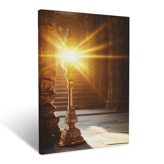 CozyNet A Golden Lampstand Glowing Brightly In A Peaceful Temple Setting Biblical Light Wall Art Prints With Frame Canvas Perfect for Living Room & Bedroom, Ready to Hang, Wall Decor 12"x16"