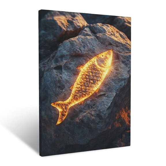 CozyNet A Luminous Ichthys Fish Symbol Carved Into A Rock, Glowing Under The Light Of A Golden Sunset Wall Art Prints With Frame Canvas Perfect for Living Room & Bedroom, Wall Decor 16"x20"