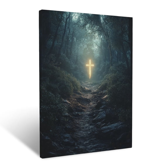 CozyNet A Pathway Through A Forest With A Glowing Cross At The End Wall Art Prints With Frame Canvas Perfect for Living Room & Bedroom, Ready to Hang, Wall Decor 12"x16"