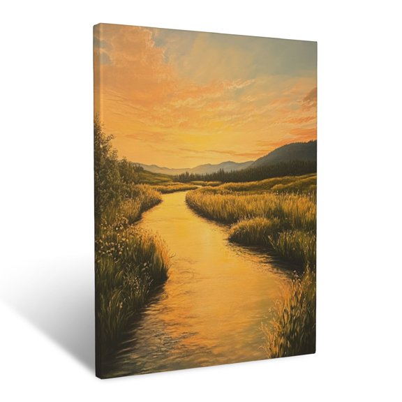 CozyNet A Peaceful Stream Glowing With Soft Light Beneath A Radiant Sky Wall Art Prints With Frame Canvas Perfect for Living Room & Bedroom, Ready to Hang, Wall Decor 12"x16"