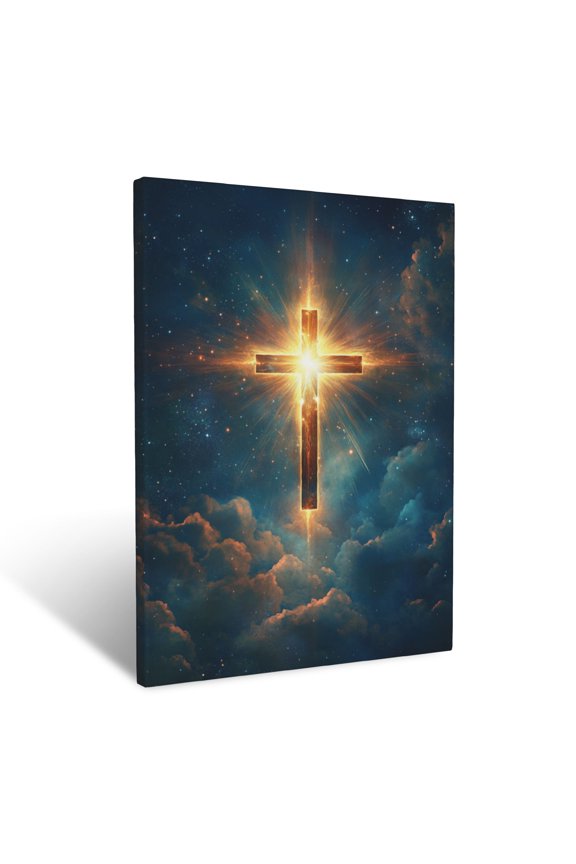 A Radiant Cross Glowing Brightly In A Starry Sky, Surrounded By Shimmering Celestial Light Wall Art Prints With Frame Canvas Perfect for Living Room & Bedroom, Wall Decor 12"x16"