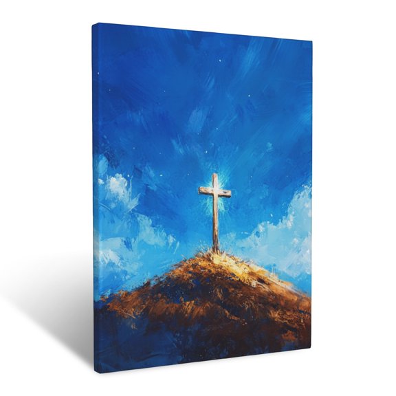 CozyNet A Radiant Cross Standing Atop A Hill With A Vivid Blue Sky Wall Art Prints With Frame Canvas Perfect for Living Room & Bedroom, Ready to Hang, Wall Decor 12"x16"