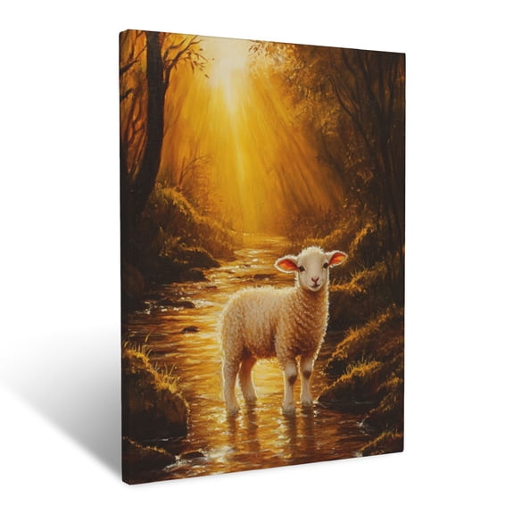 CozyNet A Radiant Lamb Glowing Beside A Peaceful Stream In Golden Light Wall Art Prints With Frame Canvas Perfect for Living Room & Bedroom, Ready to Hang, Wall Decor 12"x16"