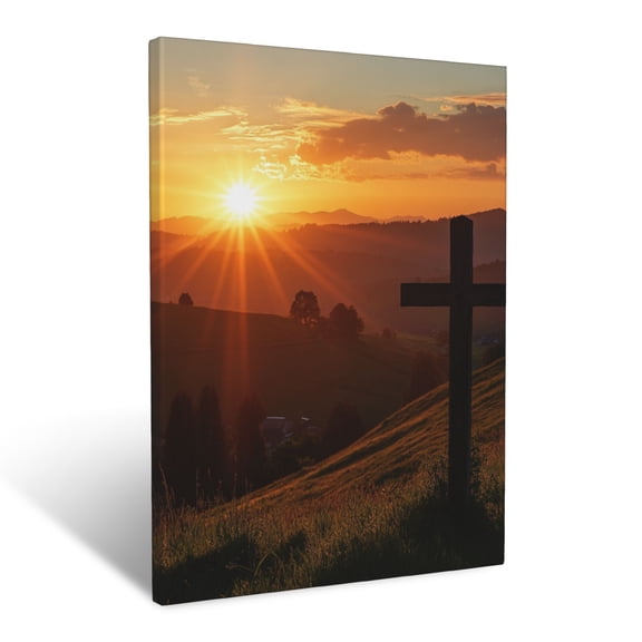 CozyNet A Serene Sunrise Over A Peaceful Hillside With A Radiant Cross Wall Art Prints With Frame Canvas Perfect for Living Room & Bedroom, Ready to Hang, Wall Decor 12"x16"
