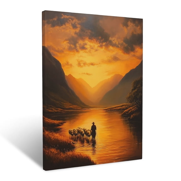 CozyNet A Shepherd Guiding Sheep Through A Calm Valley At Sunset Wall Art Prints With Frame Canvas Perfect for Living Room & Bedroom, Ready to Hang, Wall Decor 16"x20"
