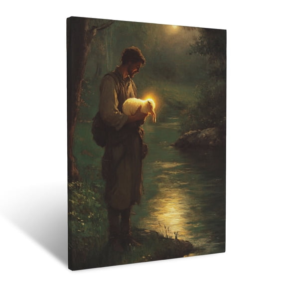 CozyNet A Shepherd Holding A Glowing Lamb Beside A Calm, Peaceful Stream Wall Art Prints With Frame Canvas Perfect for Living Room & Bedroom, Ready to Hang, Wall Decor 12"x16"