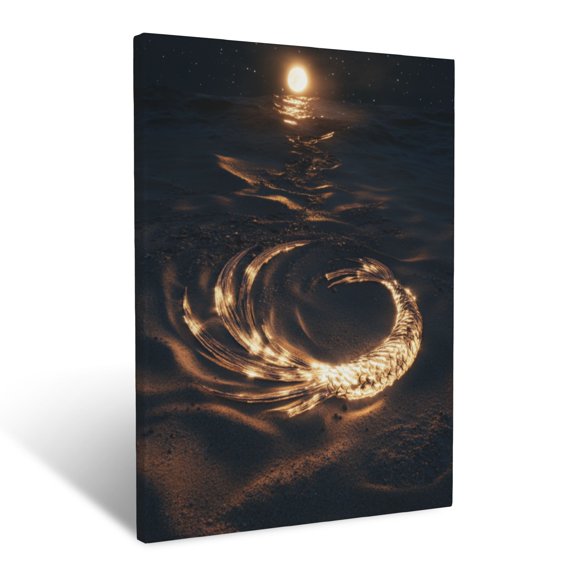 CozyNet A Shining Ichthys Fish Symbol Carved Into The Sand, Glowing Softly Under The Moonlight Wall Art Prints With Frame Canvas Perfect for Living Room & Bedroom, Ready to Hang, Wall Decor 16"x20"
