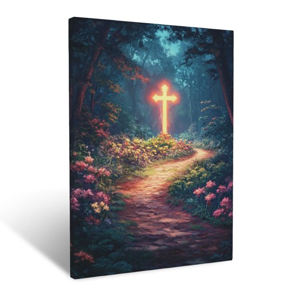 CozyNet A Tranquil Path Leading To A Glowing Cross, Surrounded By Vibrant Flowers & Green Trees Wall Art Prints With Frame Canvas Perfect for Living Room & Bedroom, Ready to Hang, Wall Decor 12"x16"
