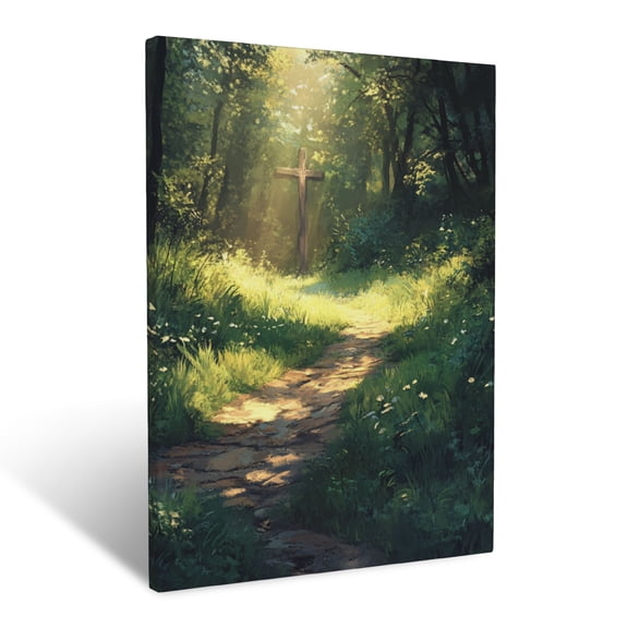 CozyNet A Tranquil Path Through A Forest, With A Subtle Cross Shaped Clearing Of Sunlight Wall Art Prints With Frame Canvas Perfect for Living Room & Bedroom, Ready to Hang, Wall Decor 16"x20"