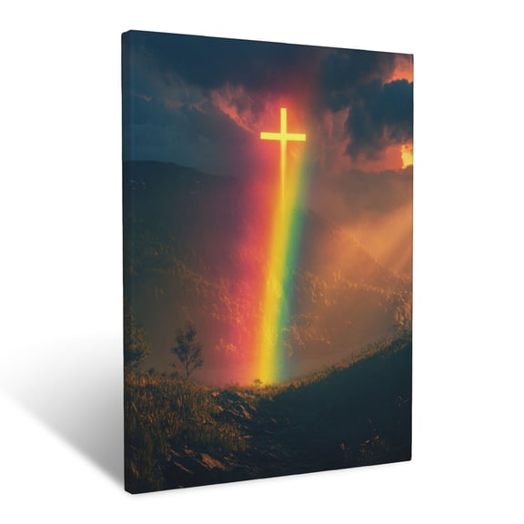 CozyNet A Vibrant Rainbow Stretching Across A Peaceful Sky With A Glowing Cross Wall Art Prints With Frame Canvas Perfect for Living Room & Bedroom, Ready to Hang, Wall Decor 12"x16"