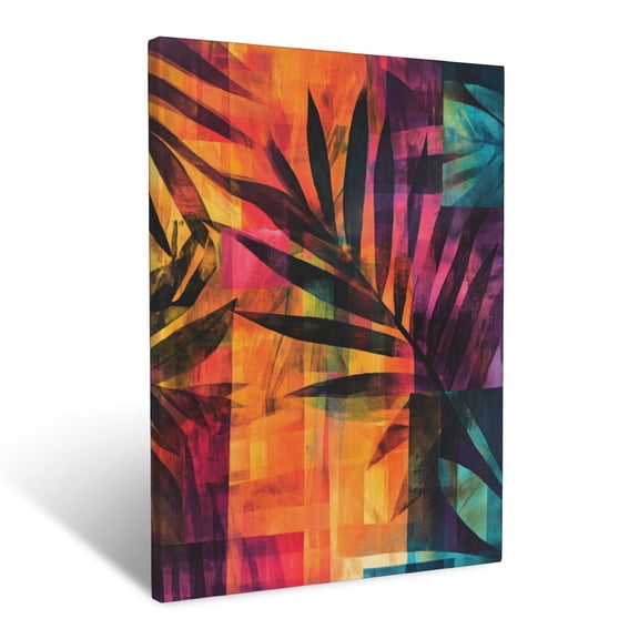 CozyNet Abstract Overlay Of Tropical Leaves And Geometric Shapes In Rich Hues Wall Art Prints With Frame Canvas Perfect for Living Room & Bedroom, Ready to Hang, Wall Decor 12"x16"in