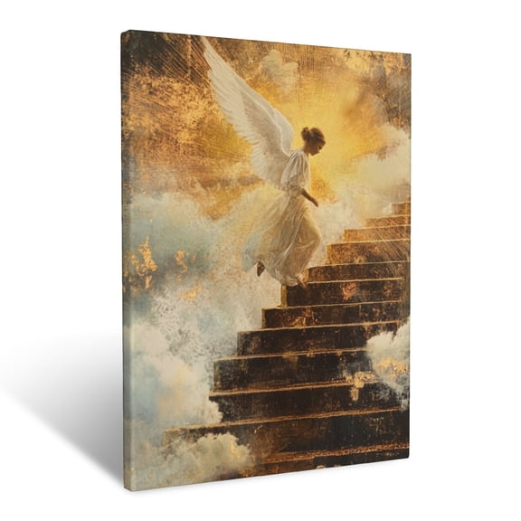 CozyNet Angel Descending On A Glowing Stairway, Surrounded By Peaceful Clouds And Golden Rays Wall Art Prints With Frame Canvas Perfect for Living Room & Bedroom, Ready to Hang, Wall Decor 12"x16"