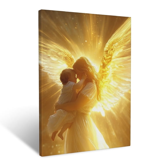 CozyNet Angel Holding A Child With Radiant Golden Light Surrounding Them Divine Protection Wall Art Prints With Frame Canvas Perfect for Living Room & Bedroom, Ready to Hang, Wall Decor 16"x20"